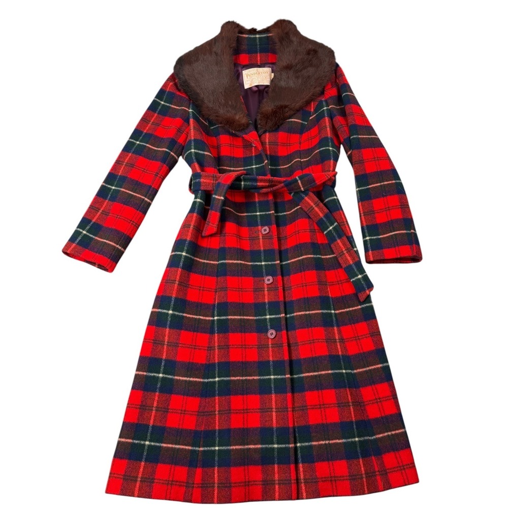 Pendleton Womens 1970s Long Coat Mink Collar Plaid Wool  Belted Vintage 36R